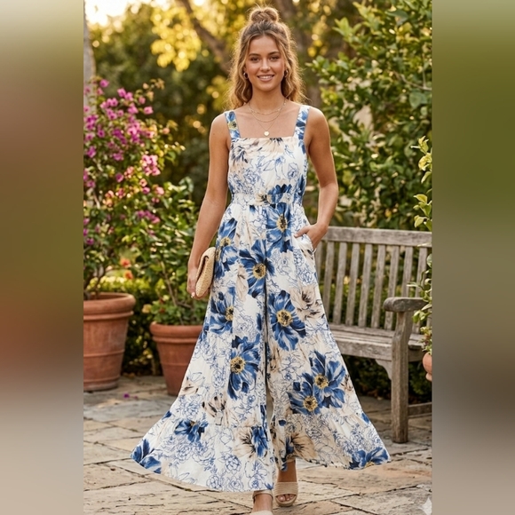 ILLA ILLA Pants - *NWT* ILLA ILLA Floral Wide Leg Jumpsuit Blue White Boho Tiered Ruffle Hem SMALL
